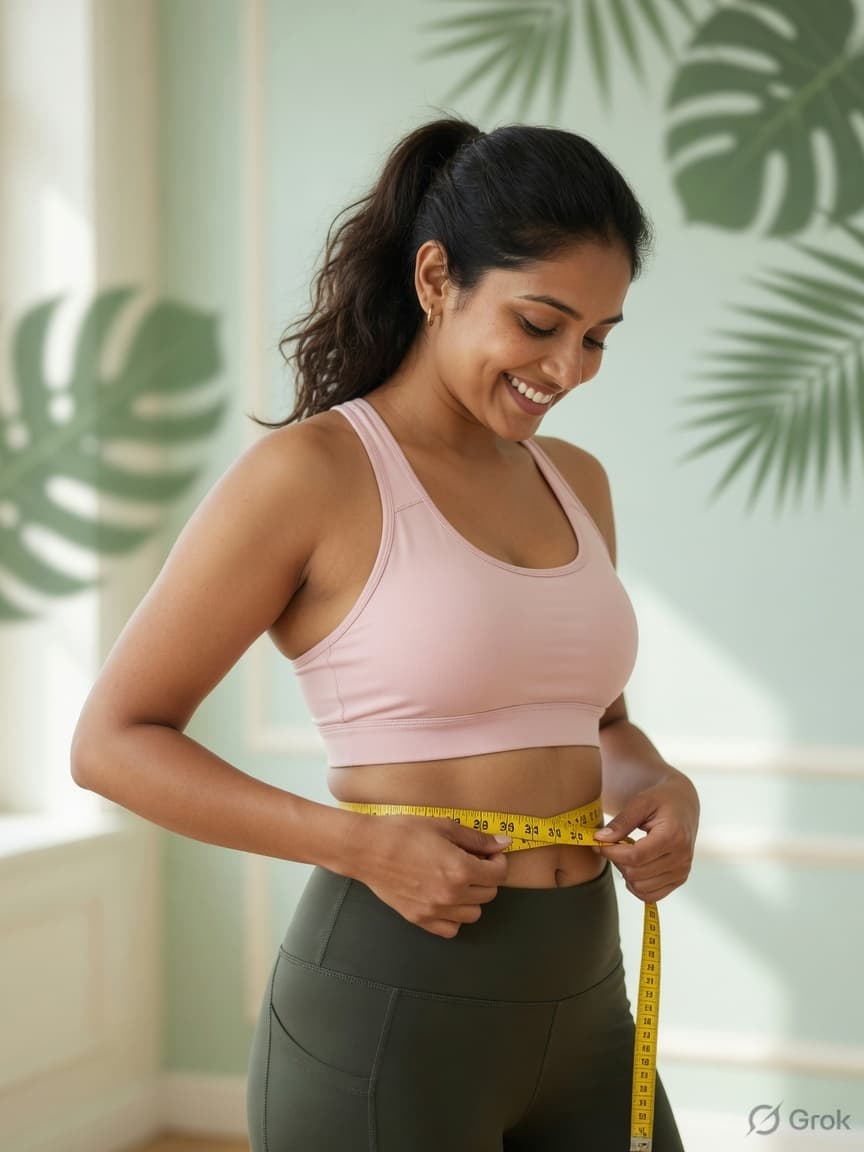 Woman measuring her waist at home after a Wellzy transformation