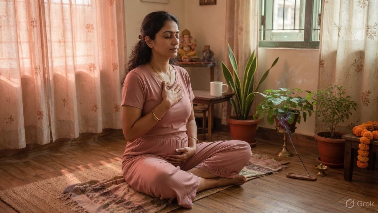 Woman practising breathwork at home as part of a holistic Wellzy plan